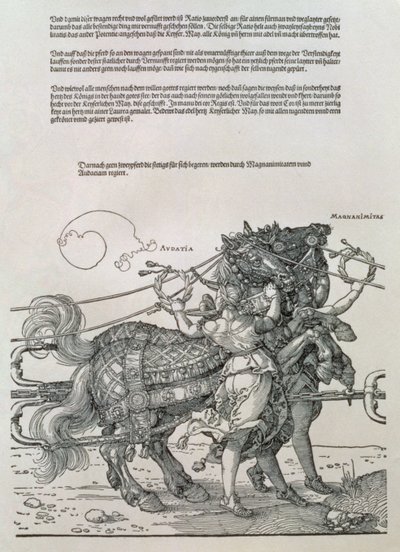 Triumphal Chariot of Emperor Maximilian I of Germany (1459-1519): Detail of the Horse Teams, Guided by Two Virtues, Magnanimity and Audaciousness by Albrecht Dürer